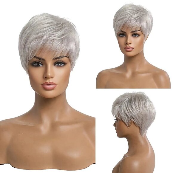 Short Silver Human Hair Blend Wigs - Picture 1 of 4